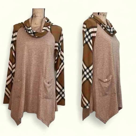Trendy Plaid Sleeve Tunic | Soft Knit Pocket Detail | Medium - Picture 1 of 14